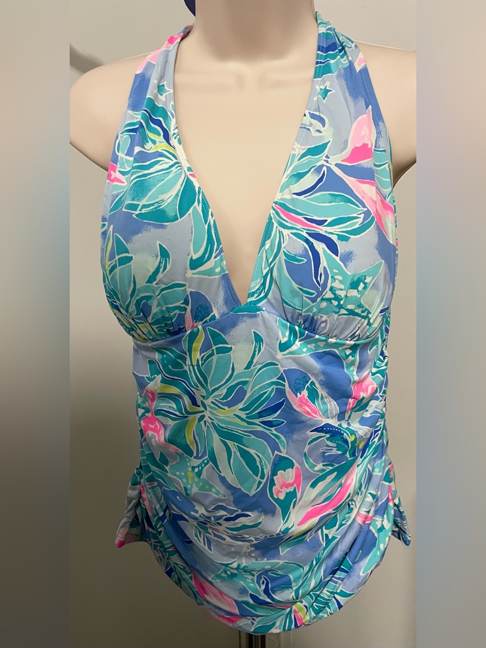 Lilly Pulitzer Blue Teal Pink Floral Halter Swim Tankini Top set Sz.14